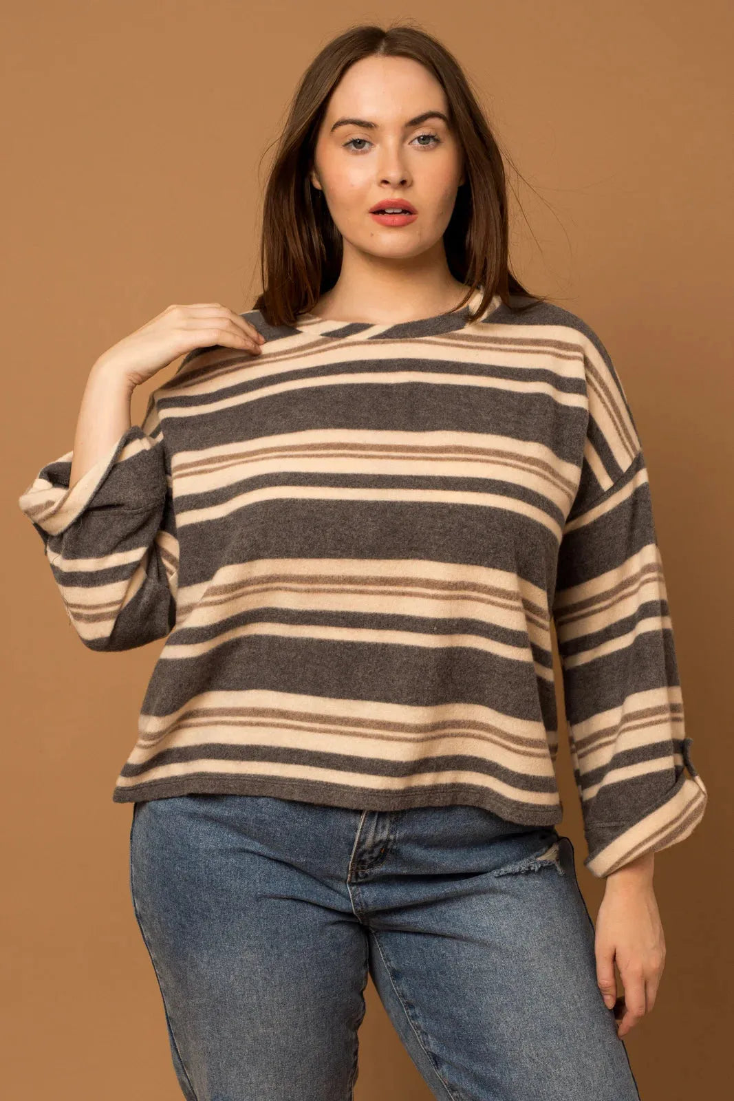 Plus Size striped Long Sleeve Round Neck Top - Tasha Apparel Wholesale