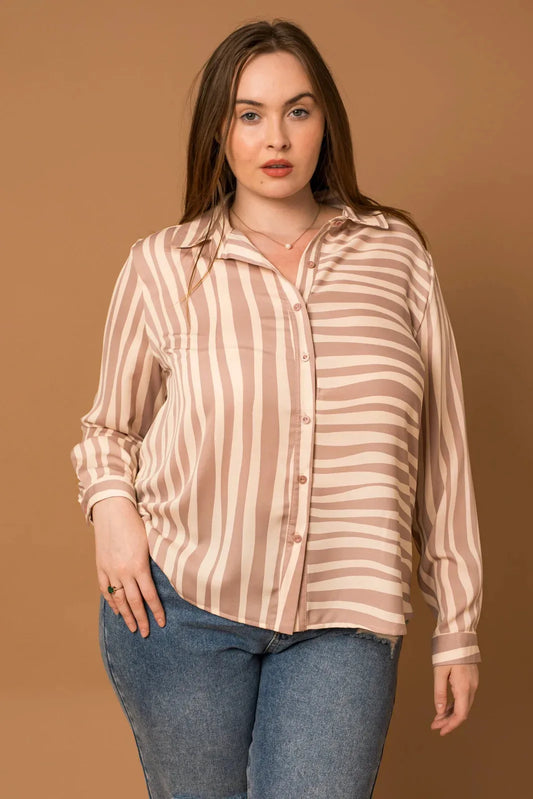 Plus Size Button Down Striped Satin Shirt - Tasha Apparel Wholesale