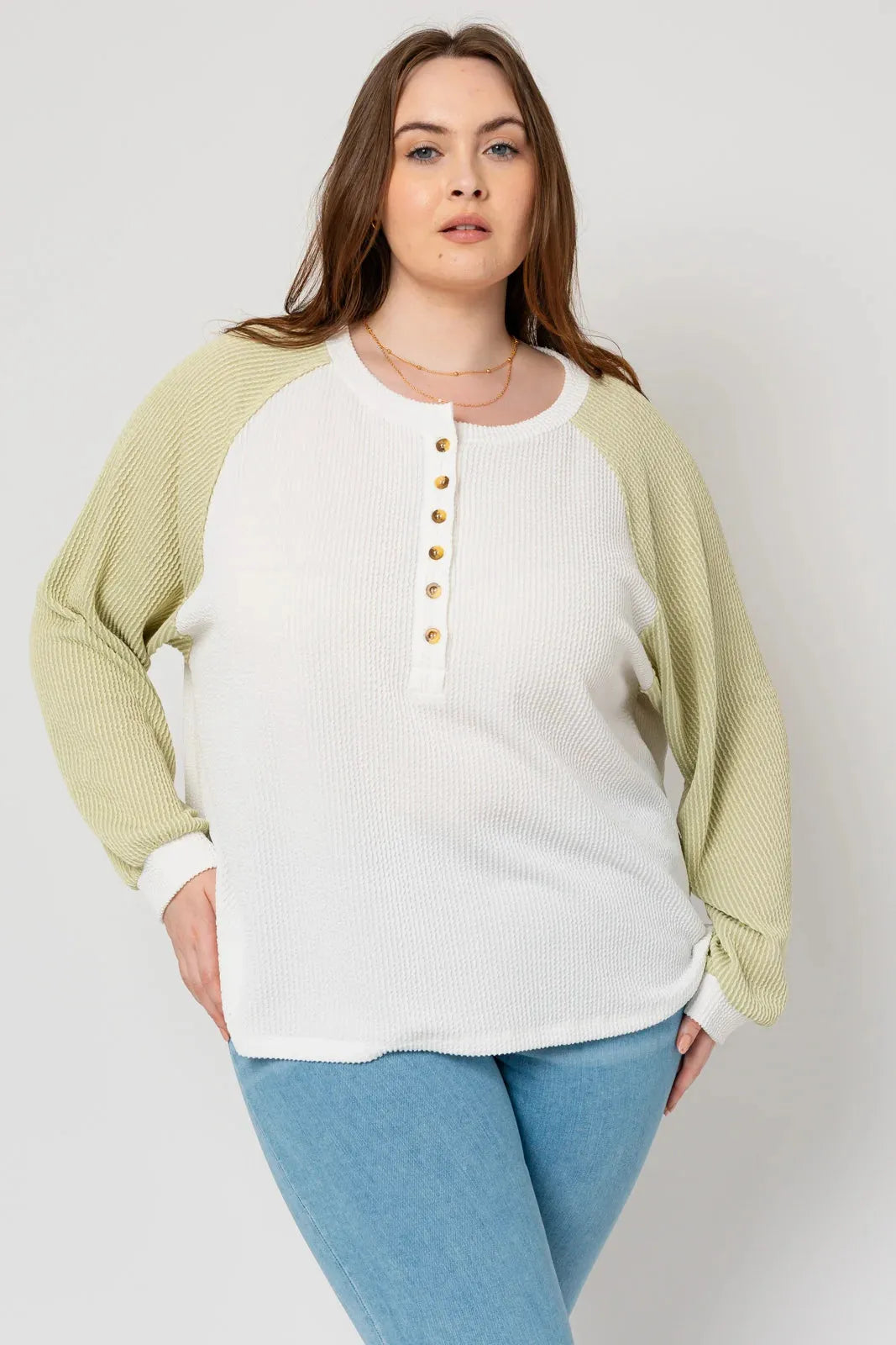 Plus Size Long Raglan Sleeves Front Button Top - Tasha Apparel Wholesale