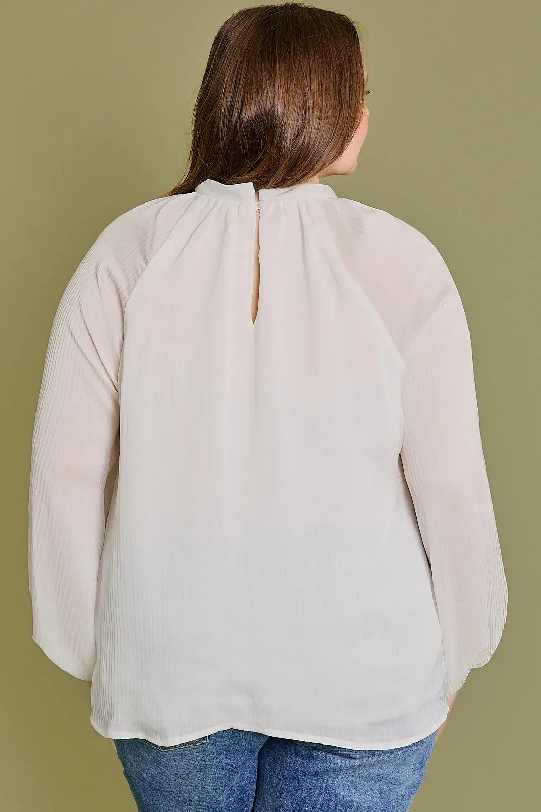 Plue Size Mock Neck Long Sleeve Sheer Blouse - Tasha Apparel Wholesale
