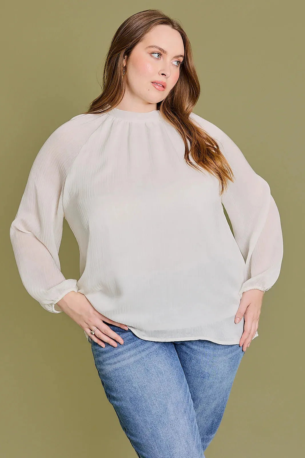 Plue Size Mock Neck Long Sleeve Sheer Blouse - Tasha Apparel Wholesale