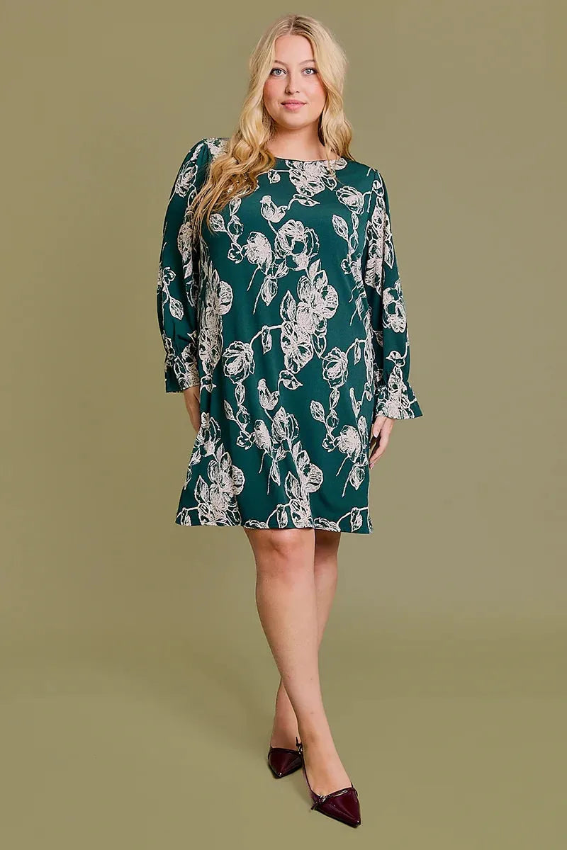 Plus Size Floral Print Long Elastic Sleeve Mini Dress Forest Green Floral / 1X-2X-3X/3-2-1 Plus Size Floral Print Long Elastic Sleeve Mini Dress Forest Green Floral / 1X-2X-3X/3-2-1