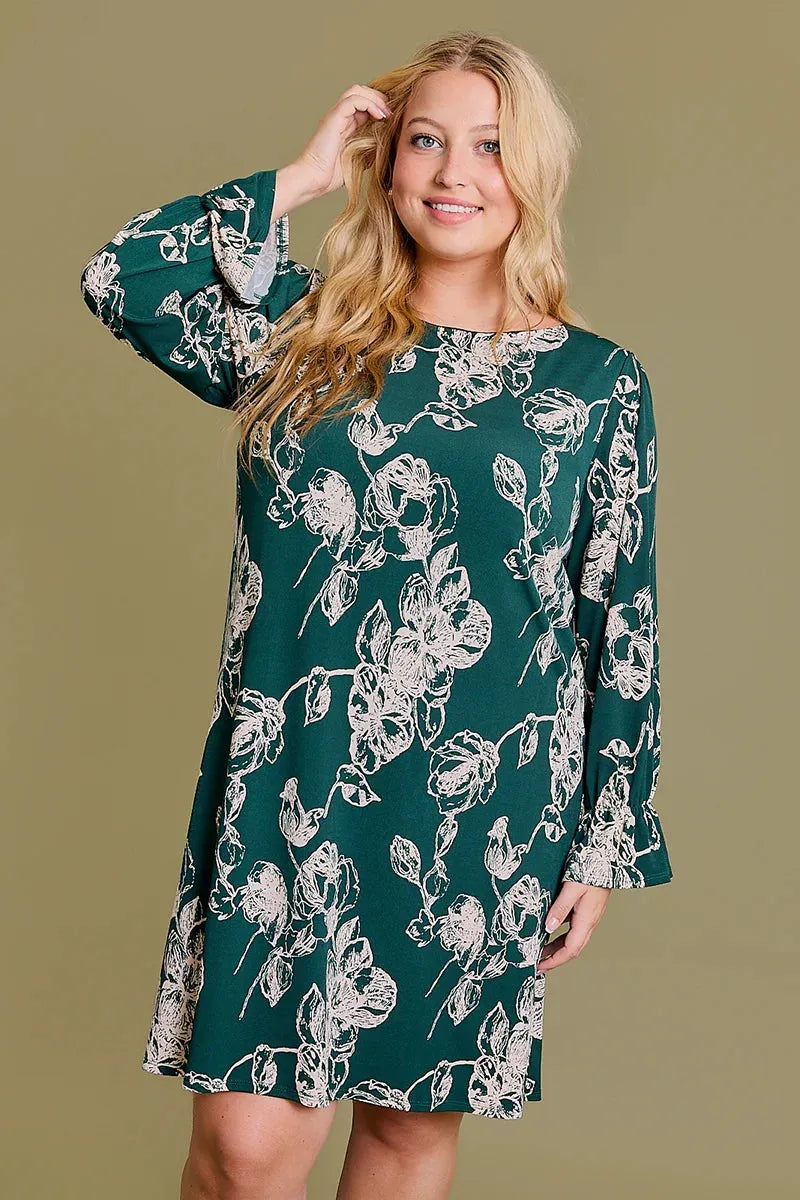 Plus Size Floral Print Long Elastic Sleeve Mini Dress - Tasha Apparel Wholesale