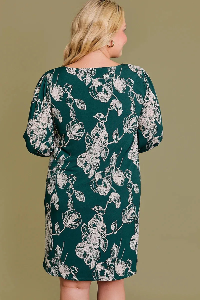 Plus Size Floral Print Long Elastic Sleeve Mini Dress Forest Green Floral / 1X-2X-3X/3-2-1 Plus Size Floral Print Long Elastic Sleeve Mini Dress Forest Green Floral / 1X-2X-3X/3-2-1