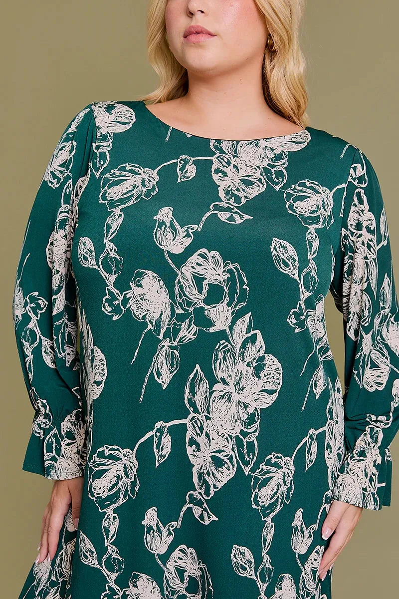 Plus Size Floral Print Long Elastic Sleeve Mini Dress - Tasha Apparel Wholesale