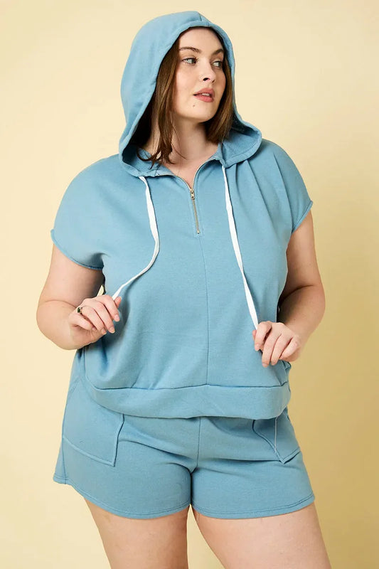 Plus Size Hoodie Top & Front Pocket Shorts Set - Tasha Apparel Wholesale