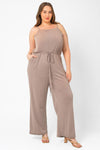 Plus Size Sleeveless Belted Drawstring Waist Jumpsuit - Tasha Apparel Wholesale