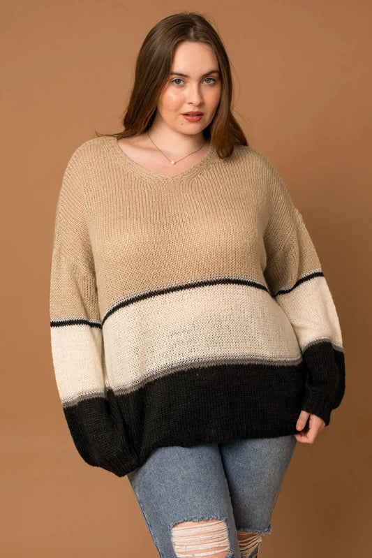 Plus Size V-Neck Color Block Metallic Striped Sweater - Tasha Apparel Wholesale