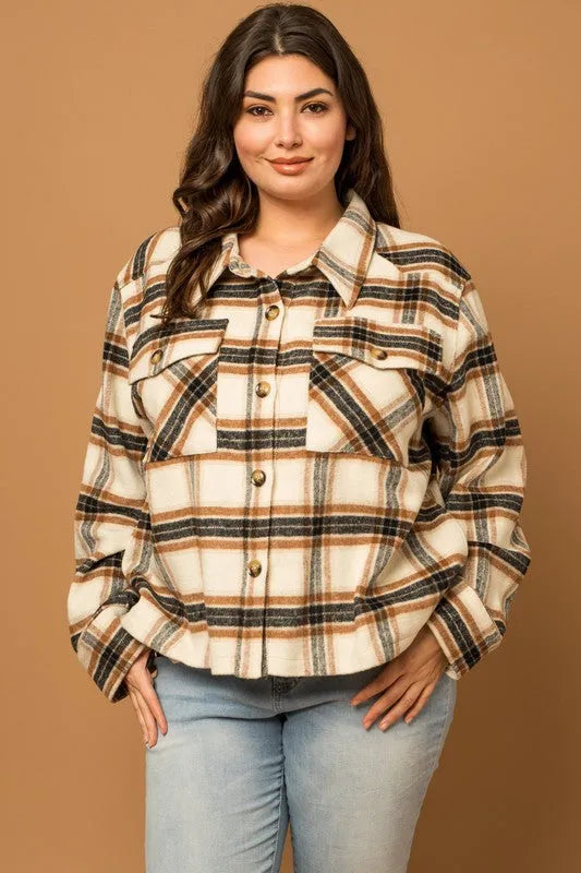 Plus Size Long Sleeve Flannel Plaid Shacket - Tasha Apparel Wholesale