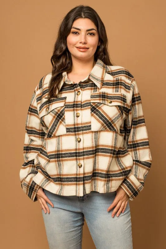 Plus Size Long Sleeve Flannel Plaid Shacket - Tasha Apparel Wholesale