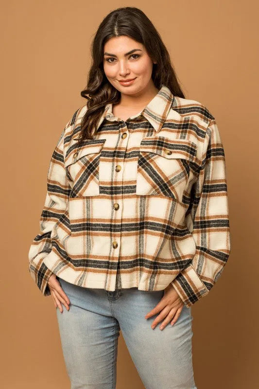Plus Size Long Sleeve Flannel Plaid Shacket - Tasha Apparel Wholesale