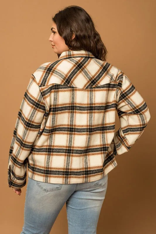 Plus Size Long Sleeve Flannel Plaid Shacket - Tasha Apparel Wholesale