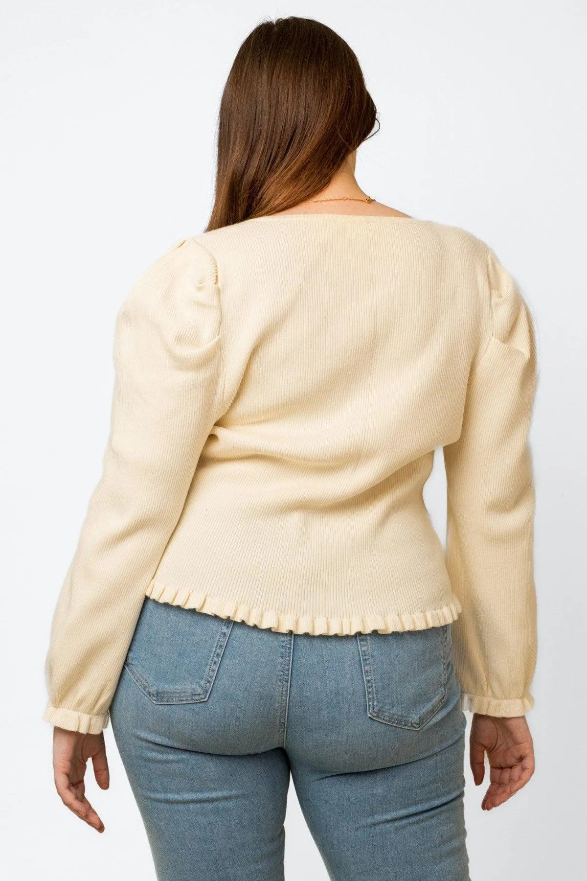 Plus Size Balloon Long Sleeve Ruffle Detail Ribbed Top - Tasha Apparel Wholesale