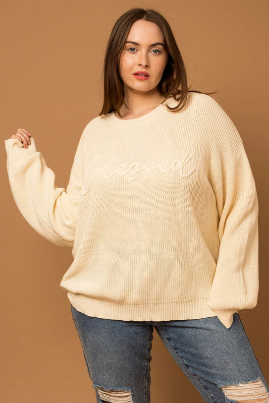 Plus Size "BLESSED" Stitched Pullover Sweater - Tasha Apparel Wholesale