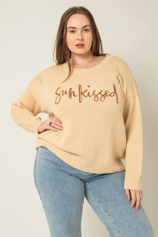 Plus Size "SunKissed" Crew Neck Relax Sweater - Tasha Apparel Wholesale