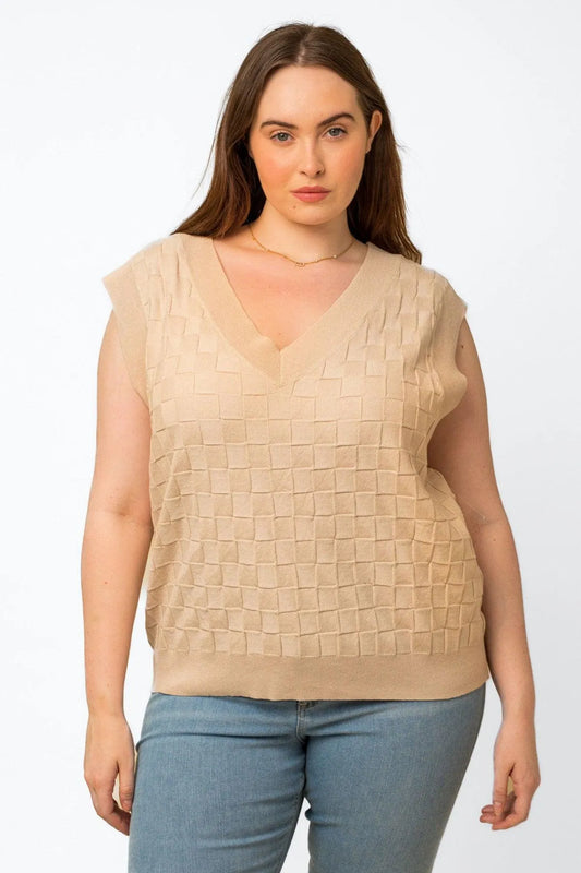 Plus Size Checkered Texture V-Neck Sweater Vest - Tasha Apparel Wholesale