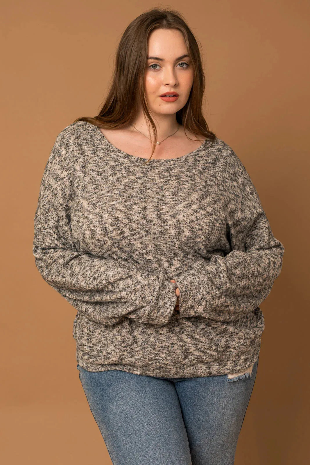 Plus Size Long Ruching Sleeve Marled Sweater - Tasha Apparel Wholesale