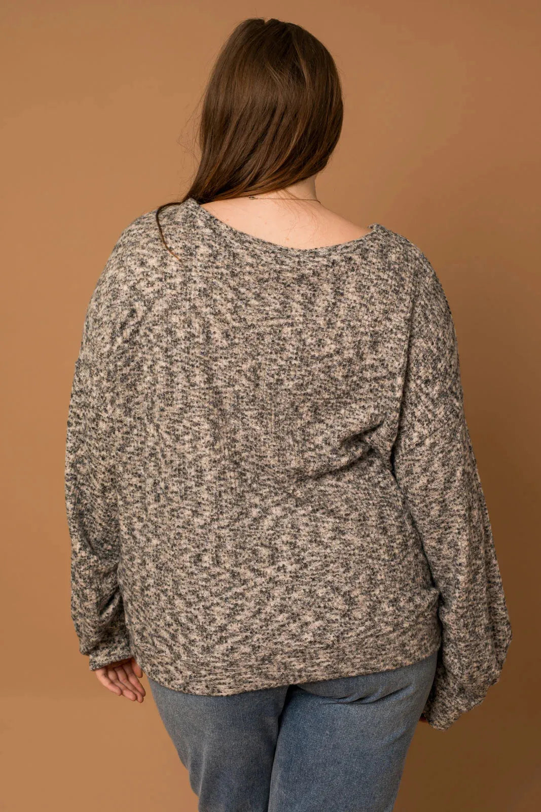 Plus Size Long Ruching Sleeve Marled Sweater - Tasha Apparel Wholesale