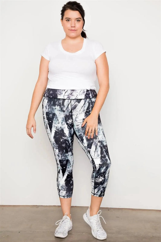 Plus Size Black & White Athletic Mid Rise Abstract Leggings - Tasha Apparel Wholesale