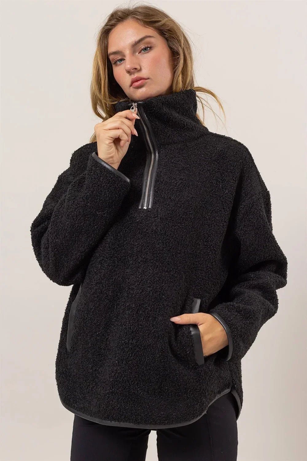 Sherpa Teddy Fleece Quarter Zip Pullover Contrast Trim Sweatshirt