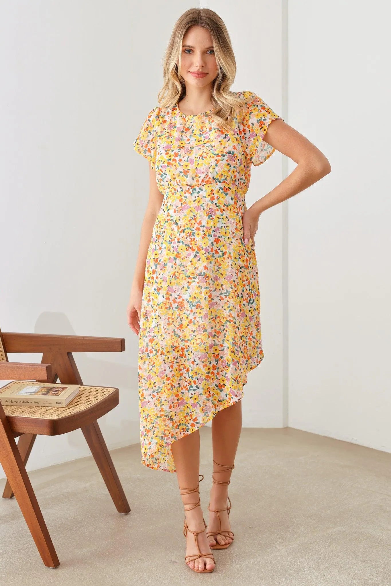 Bohemian Asymmetrical Yellow Floral Short Sleeve Midi Dress - Tasha Apparel Wholesale