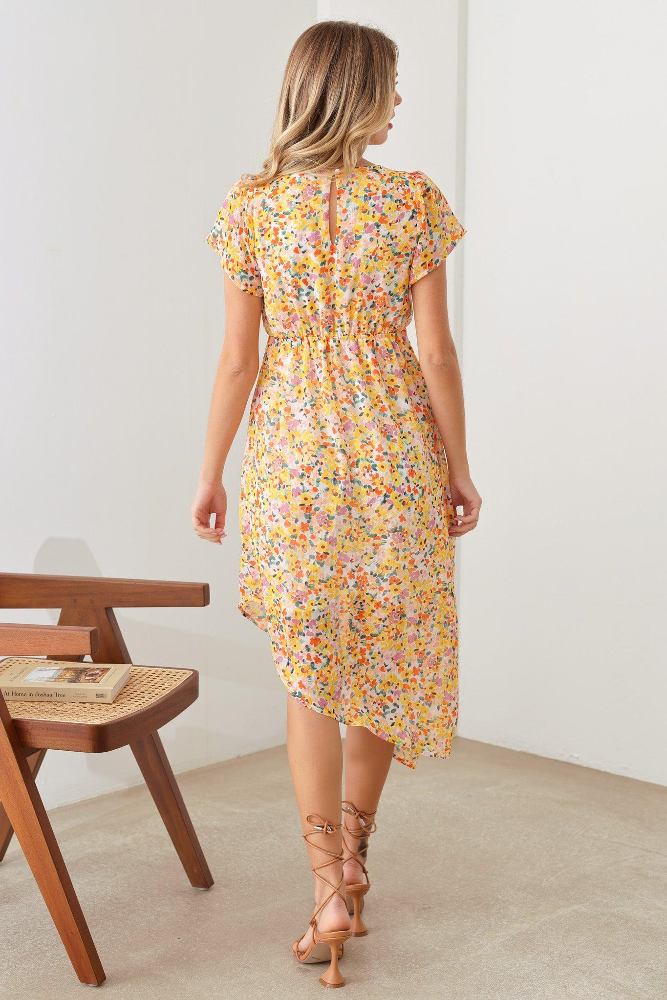 Bohemian Asymmetrical Yellow Floral Short Sleeve Midi Dress - Tasha Apparel