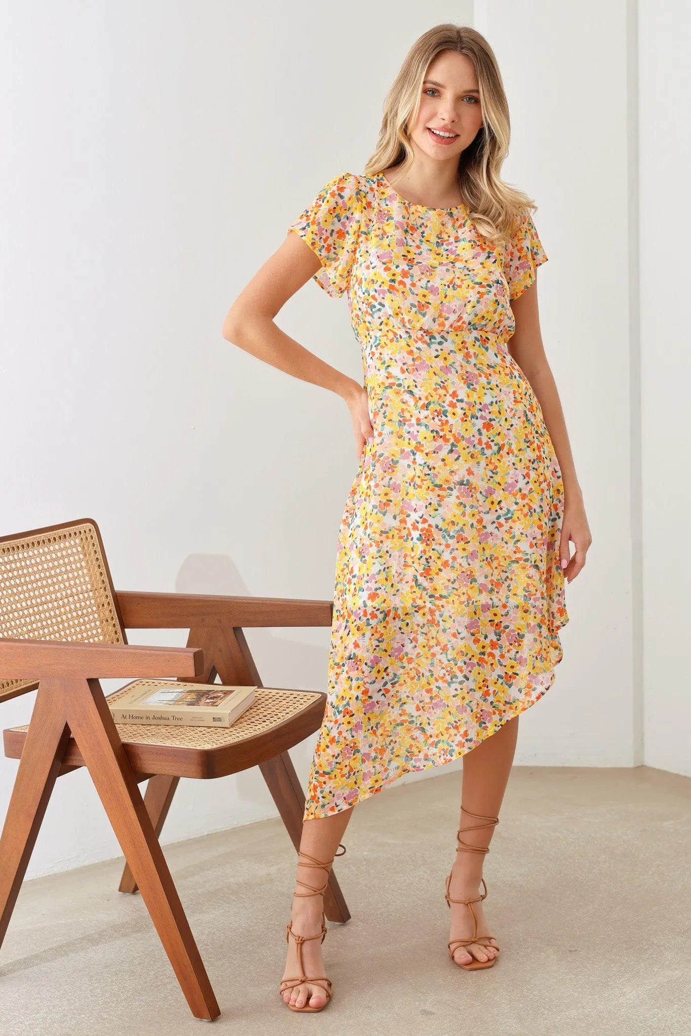 Bohemian Asymmetrical Yellow Floral Short Sleeve Midi Dress - Tasha Apparel Wholesale