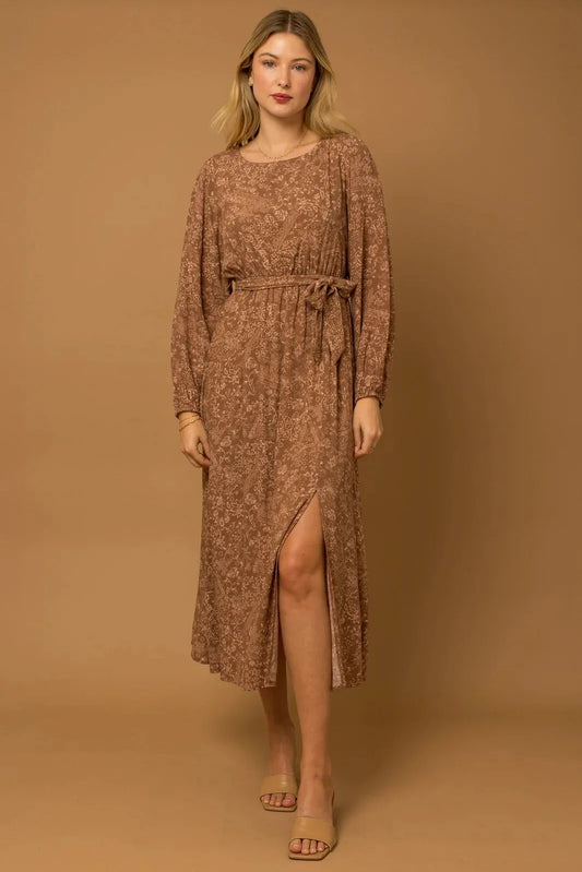 Boho Floral Front Tie Side Slit Long Sleeve Maxi Dress - Tasha Apparel Wholesale