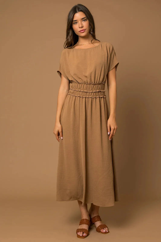 Short Cap Sleeve Smocked Waist Midi Dress - Tasha Apparel Wholesale