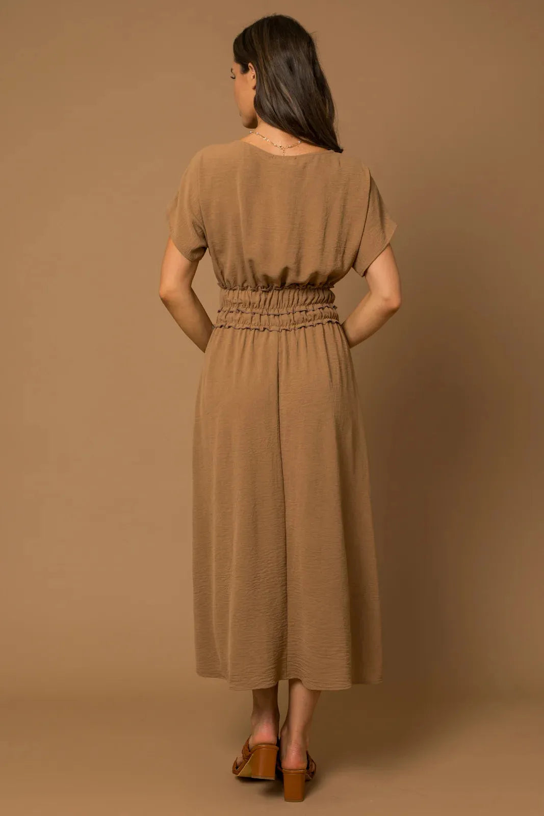 Short Cap Sleeve Smocked Waist Midi Dress - Tasha Apparel Wholesale