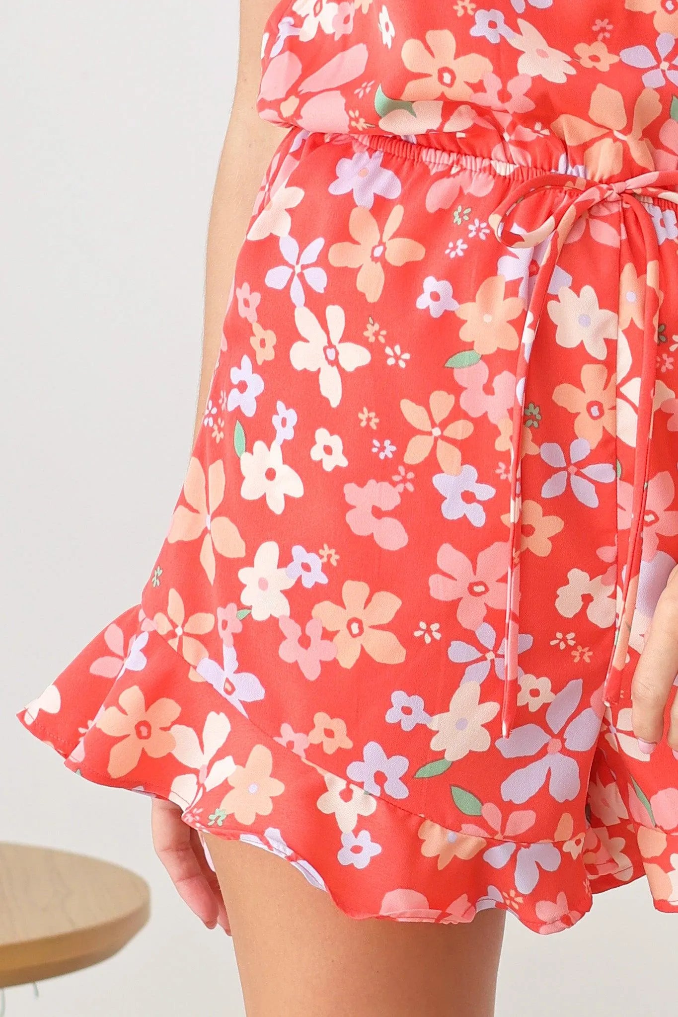Boho Style Floral Print Spaghetti Strap Belted Waist Line Romper - Tasha Apparel Wholesale