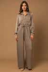 Satin Long Sleeve Flowy Wide Leg front Tie Jumpsuit - Tasha Apparel Wholesale