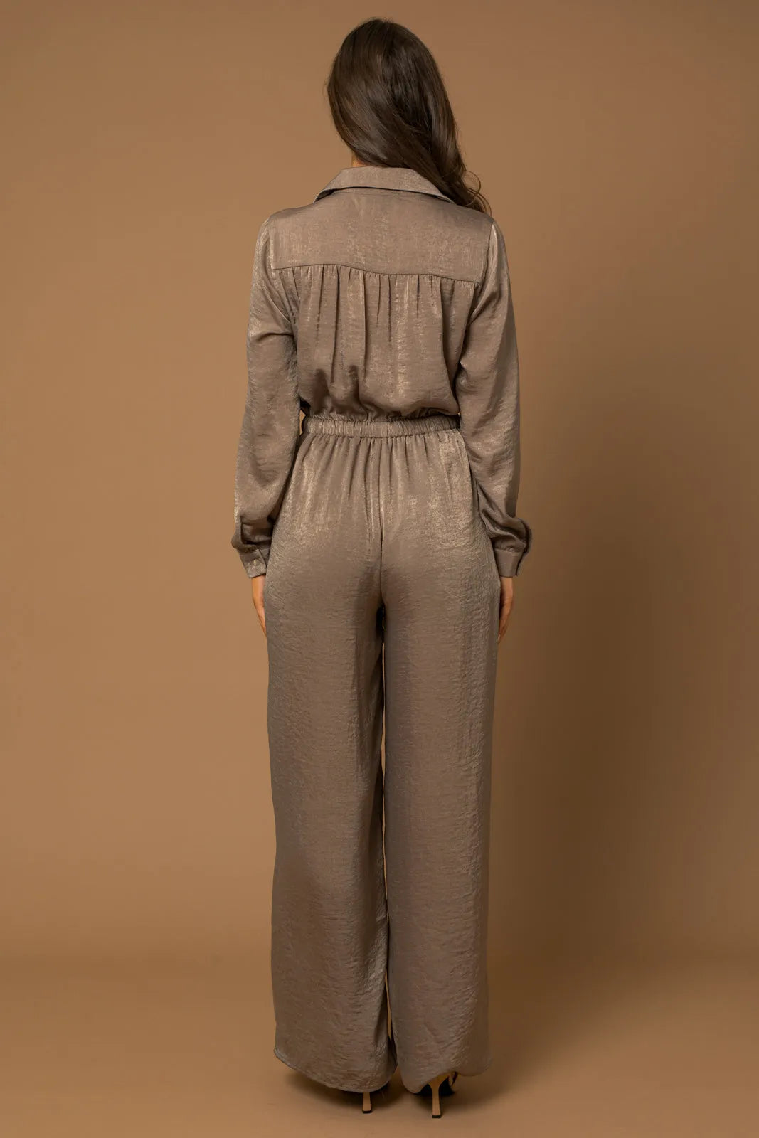 Satin Long Sleeve Flowy Wide Leg front Tie Jumpsuit - Tasha Apparel Wholesale