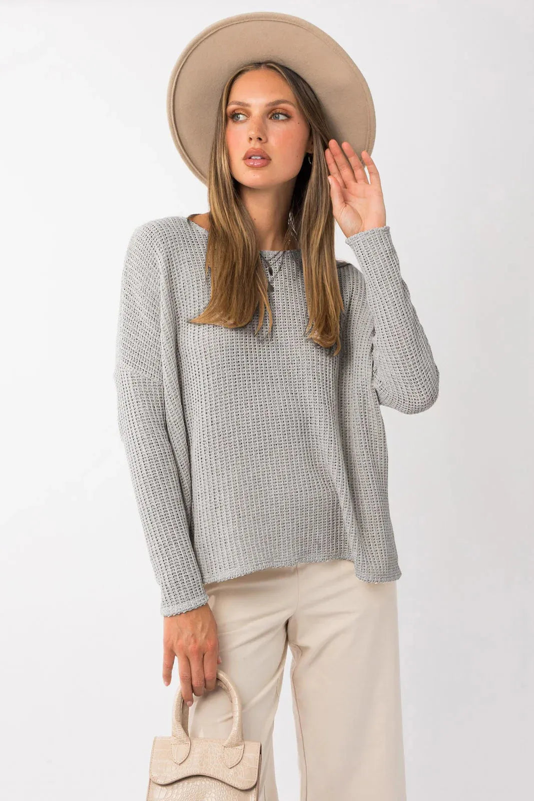 Long Sleeve Side Slit Relax Sweater Knit Top - Tasha Apparel Wholesale
