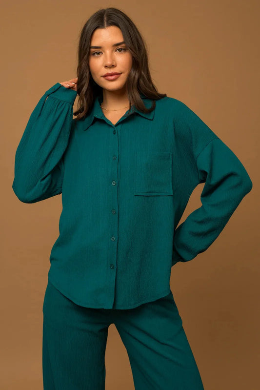 Textured Single Front Pocket Long Sleeve Shirt - Tasha Apparel Wholesale