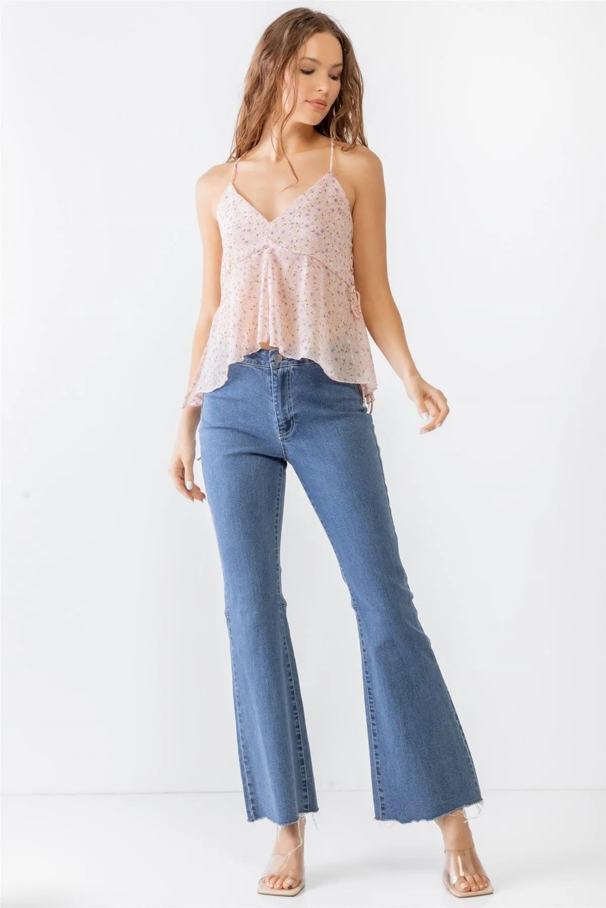 Floral Print V-Neck Criss-Cross Back Flare Tank Top - Tasha Apparel Wholesale