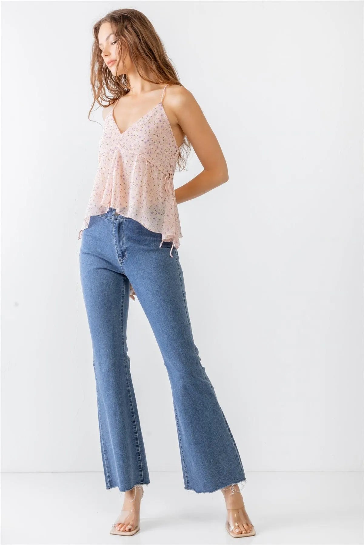 Floral Print V-Neck Criss-Cross Back Flare Tank Top - Tasha Apparel Wholesale