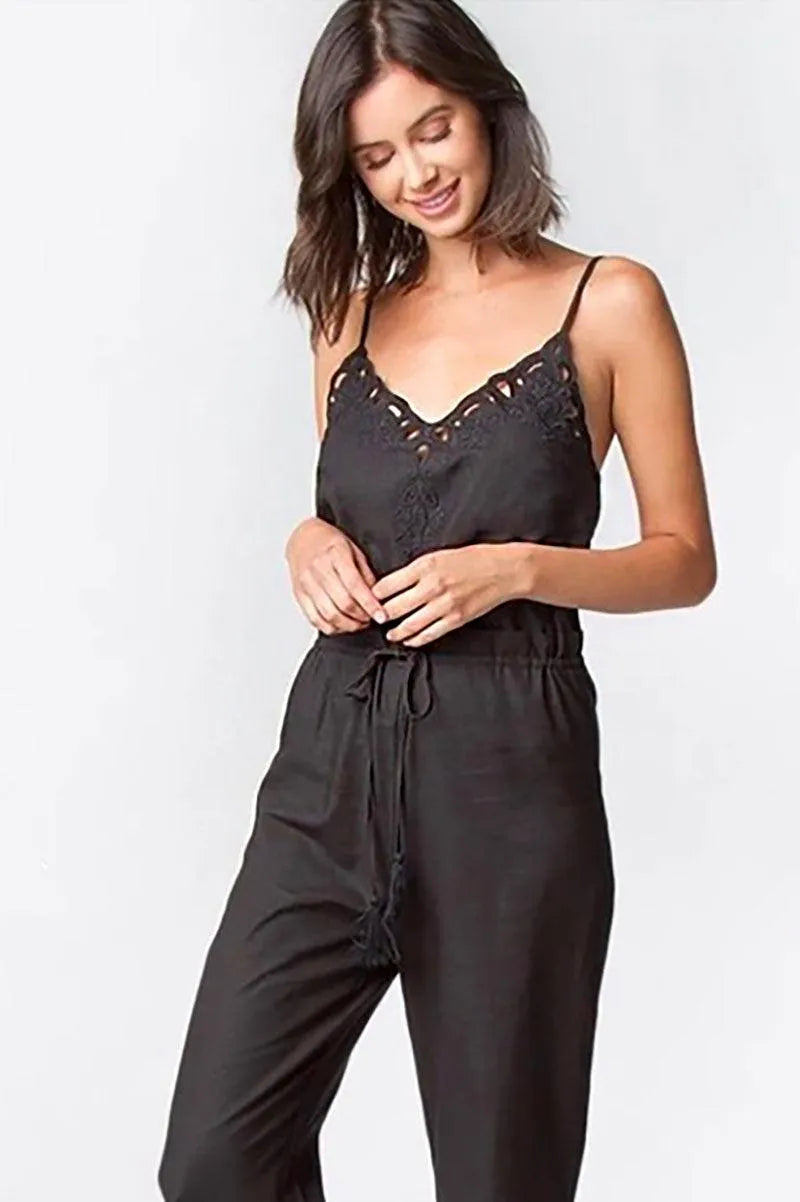 Boho Crochet Embroidered Scalloped Hem Wide Leg Jumpsuit - Tasha Apparel Wholesale