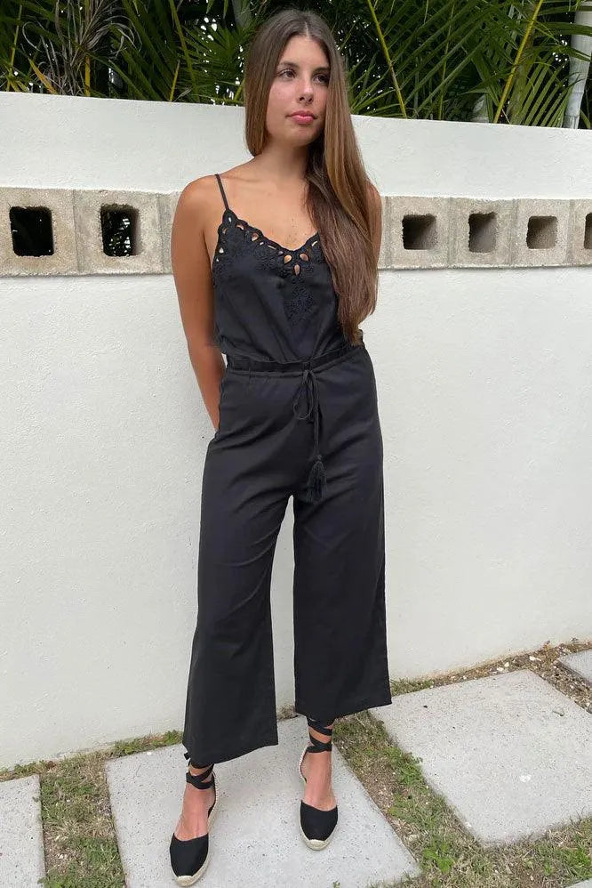 Boho Crochet Embroidered Scalloped Hem Wide Leg Jumpsuit - Tasha Apparel Wholesale