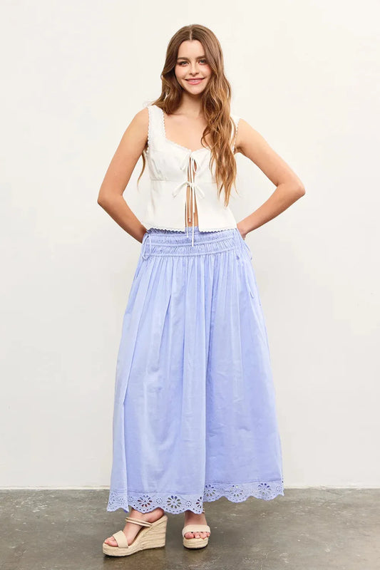 Bohemian Smocked Waist Eyelet Lace Trim Maxi Skirt - Tasha Apparel Wholesale