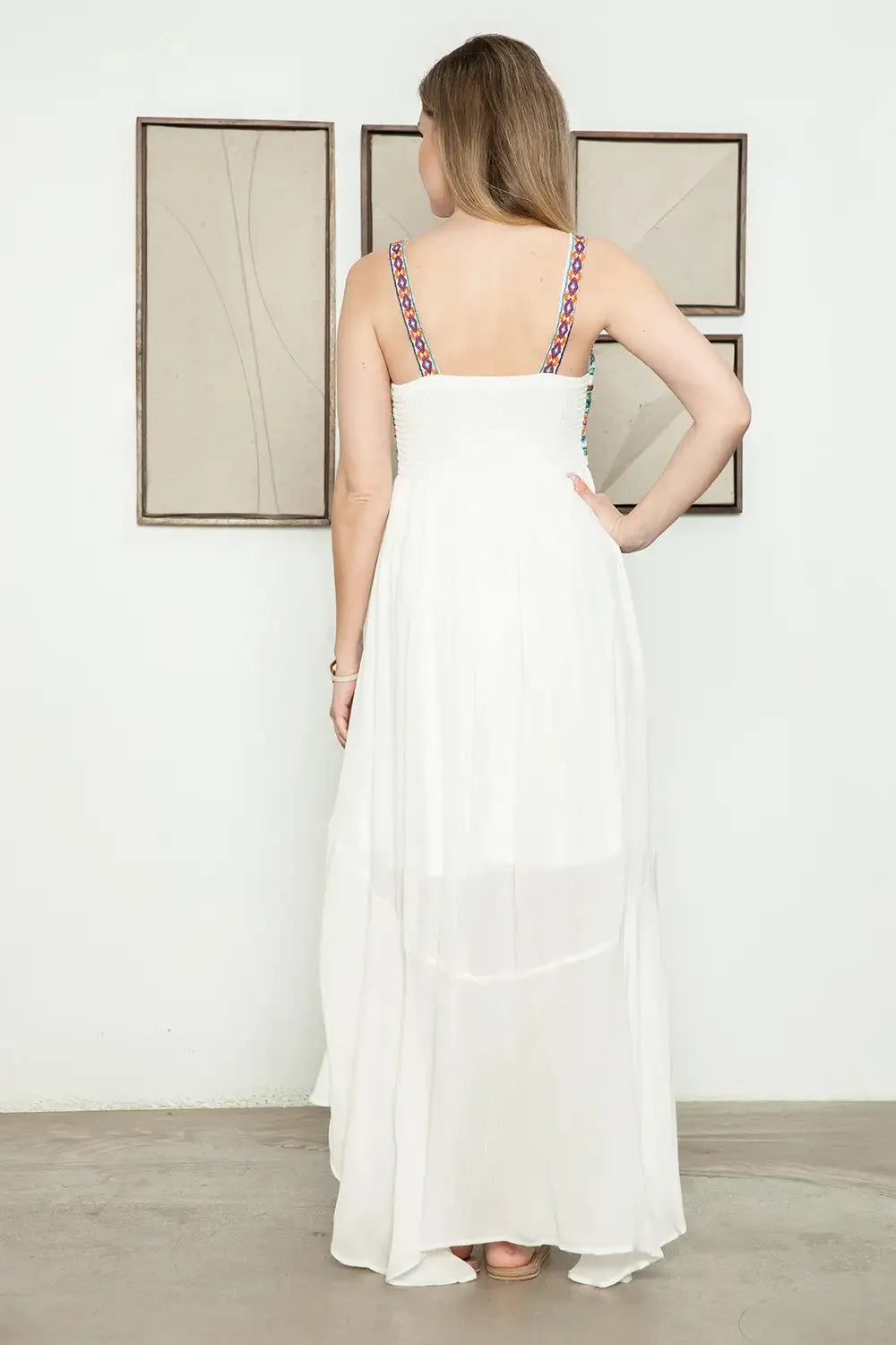 Ethnic Smocked Back Embroidered Sleeveless High Low Dress Ethnic Smocked Back Embroidered Sleeveless High Low Dress