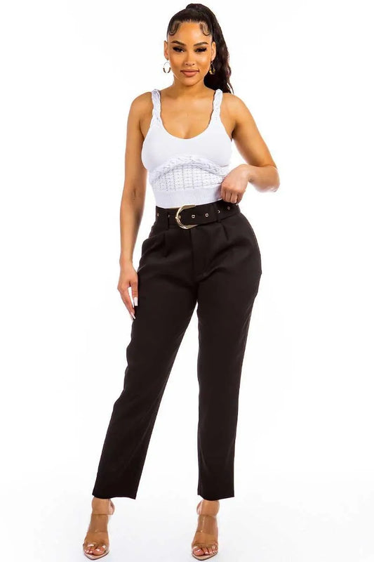 Black Pleated High Waist Four Pocket Pants /2-2-2 - Tasha Apparel Wholesale