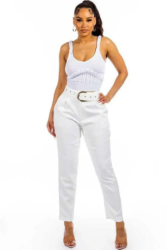 White Pleated High Waist Four Pocket Pants /2-2-2 - Tasha Apparel Wholesale