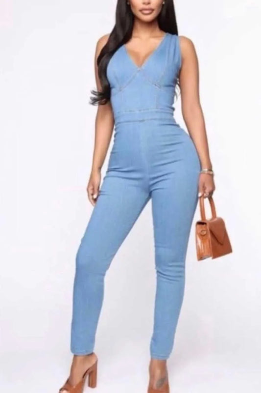 Steel Blue Deep Plunge V-Neck Self-Tie Waist Detail Wide Leg Jumpsuit - Tasha Apparel Wholesale