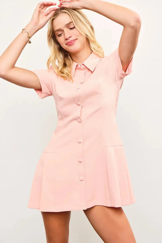 Blush Pink Button-Up Collared Mini Dress with Pleated Skirt - Tasha Apparel Wholesale