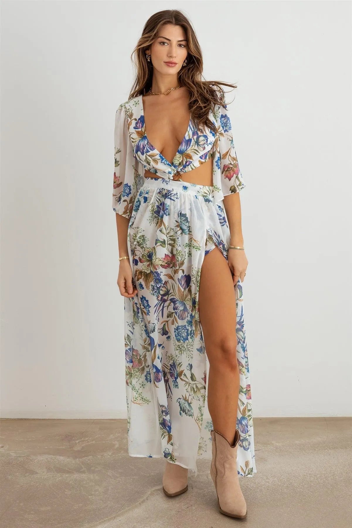 Boho Flower Criss-Cross O-Ring Side Slit Maxi Dress - Tasha Apparel Wholesale