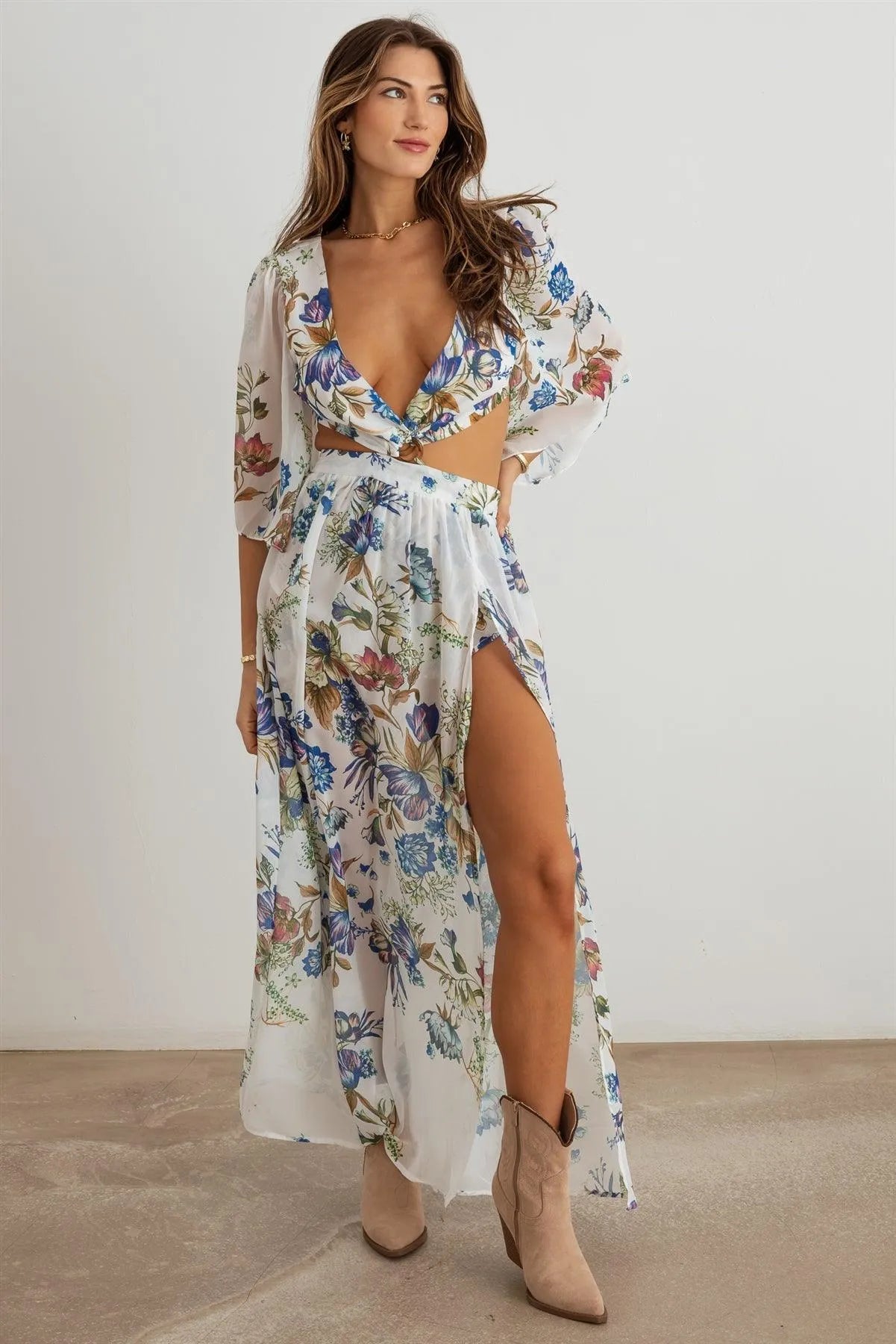 Boho Flower Criss-Cross O-Ring Side Slit Maxi Dress - Tasha Apparel Wholesale