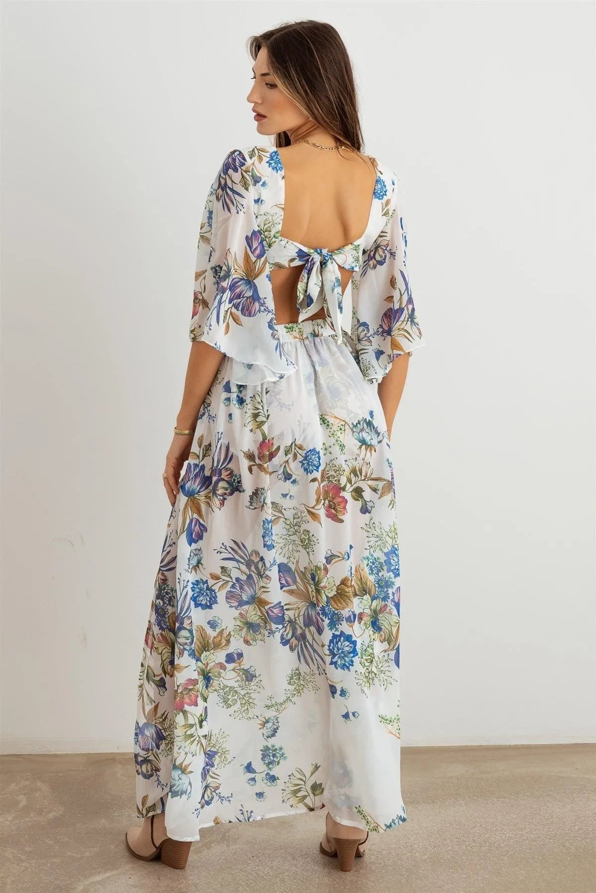 Boho Flower Criss-Cross O-Ring Side Slit Maxi Dress - Tasha Apparel Wholesale