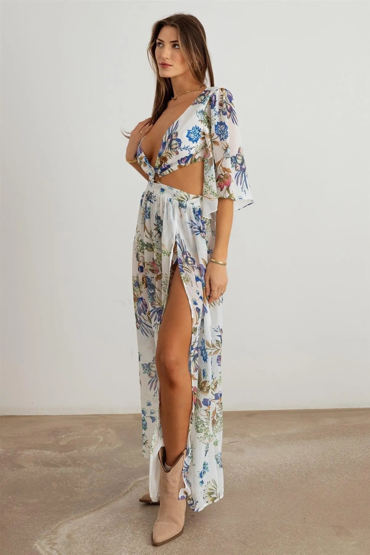 Boho Flower Criss-Cross O-Ring Side Slit Maxi Dress - Tasha Apparel Wholesale