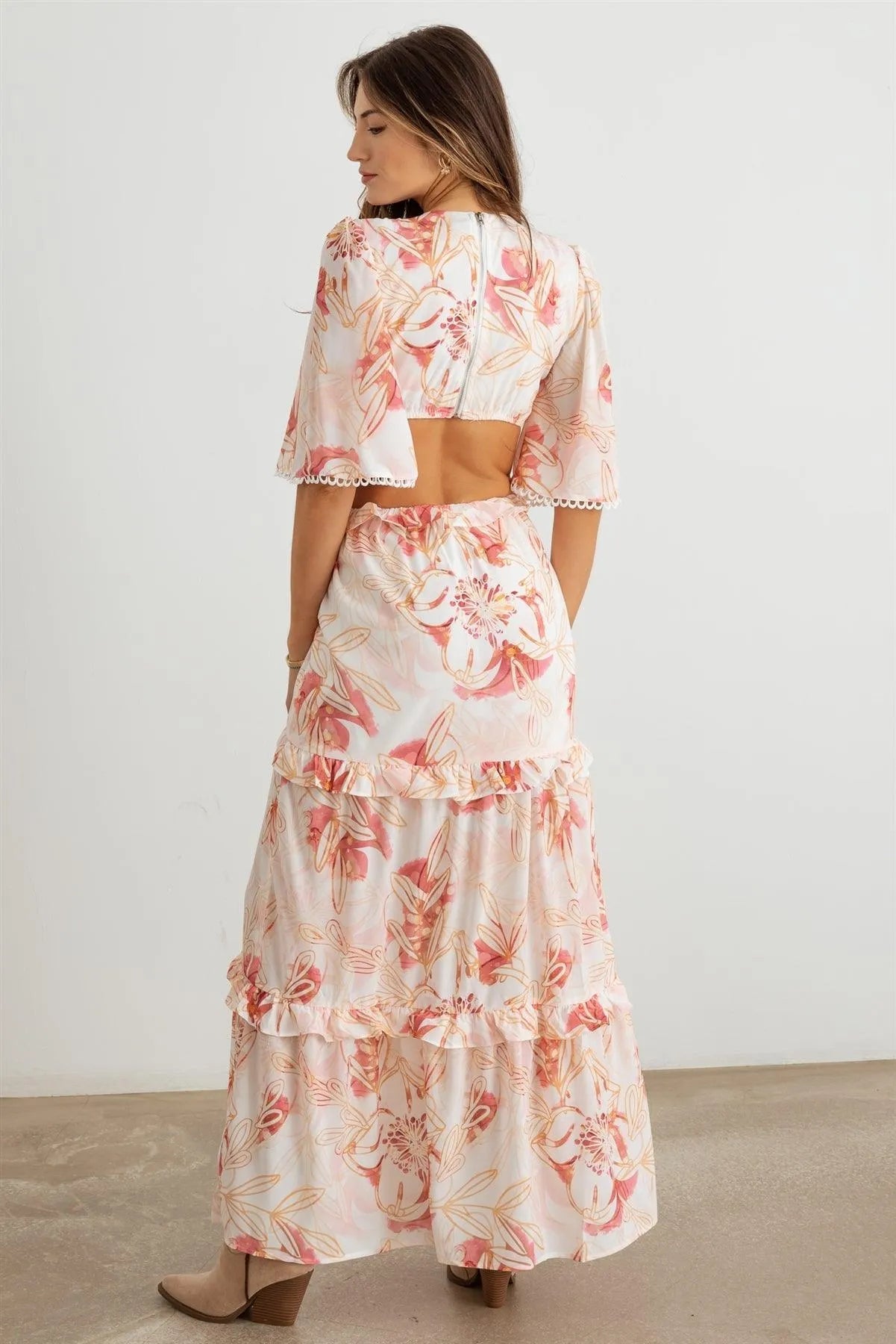 Flower Western Ruffle Cut-Out V-Neck Maxi Dress - Tasha Apparel Wholesale